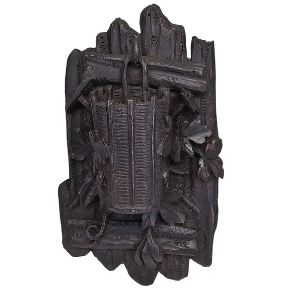 Antique Black Forest Hand Carved Wood Match Holder Forest Basket 1900s Brown